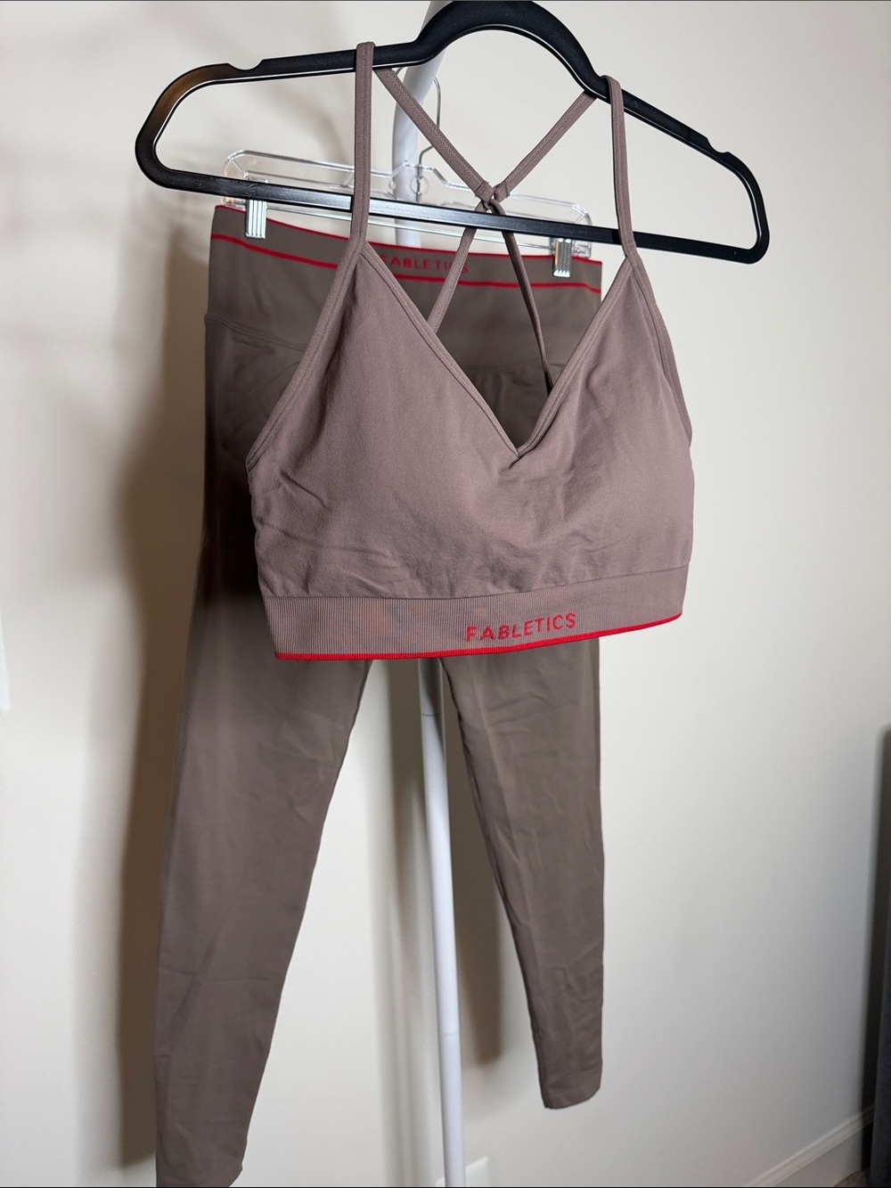 Fabletics Mauve-Taupe Sports Bra with Red Trim with Matching Pants